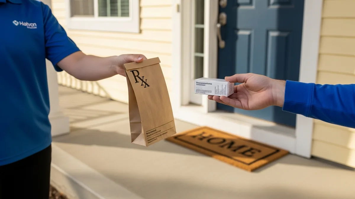 A prescription bag being delivered to a patient's front door