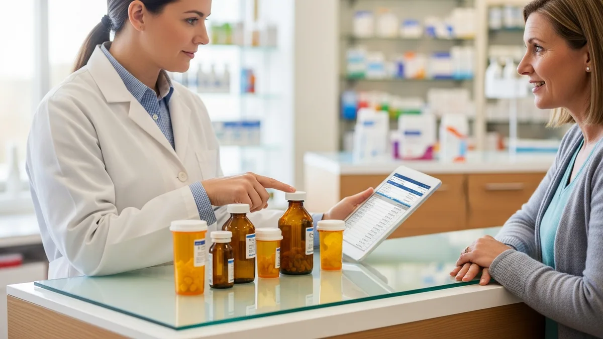 Pharmacist reviewing a patient's medications at the counter